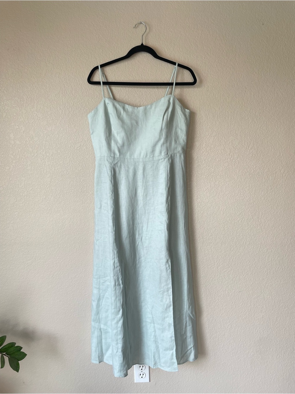 Aritzia Barrafina Agave Green Linen Spaghetti Strap Midi Dress Side Slit